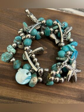 Vintage Multi Strand Blue Rock Stretch Bracelet Silver Ocean Charms Starfish